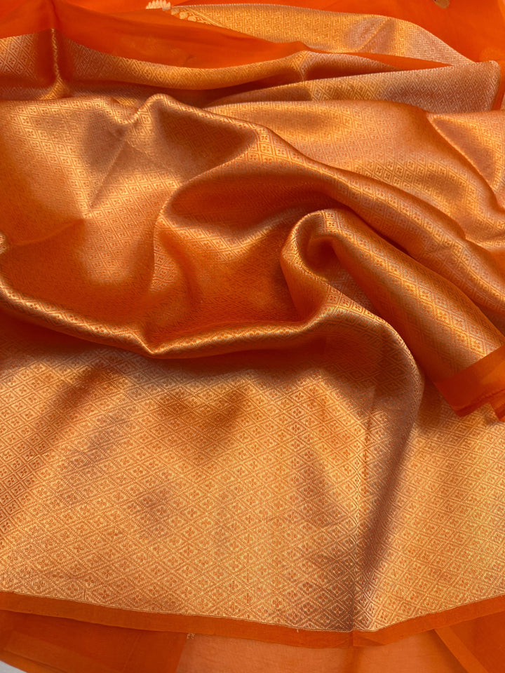 Orange Pure Kora Silk Handloom Banarasi Saree