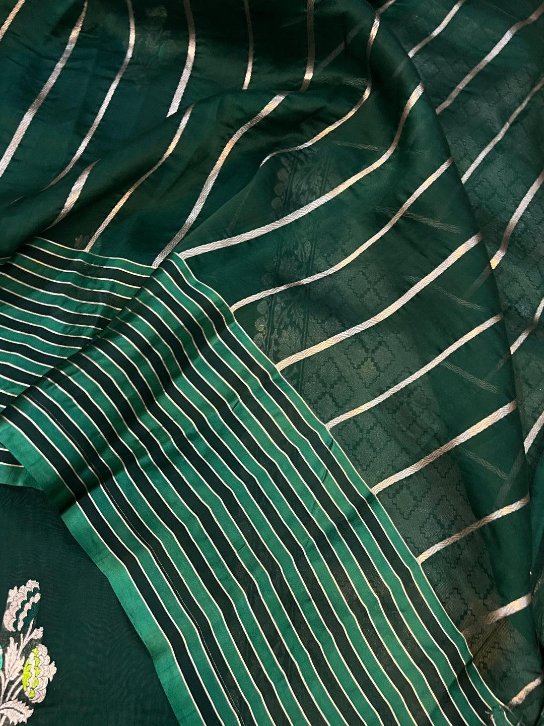 Bottle Green Pure Banarasi Handloom Silk Saree - Aura Benaras