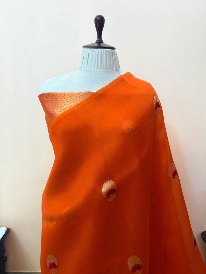 Orange Pure Kora Silk Handloom Banarasi Saree