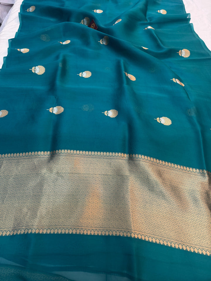 Rama Blue Kora Silk Banarasi Saree with Sona Rupa Butis