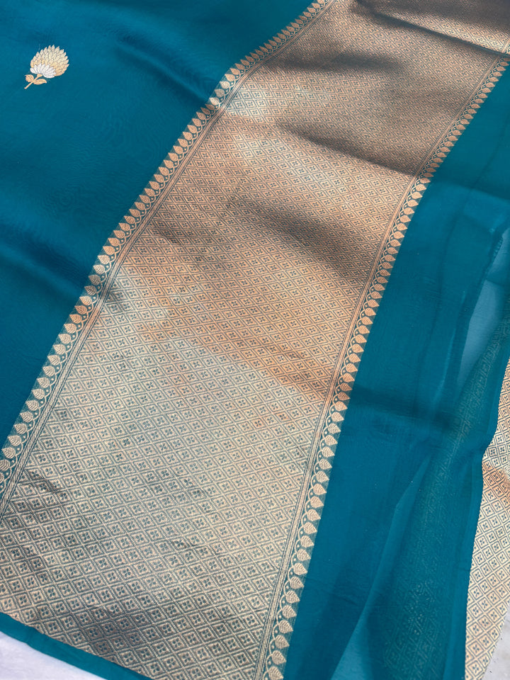 Rama Blue Kora Silk Banarasi Saree with Sona Rupa Butis