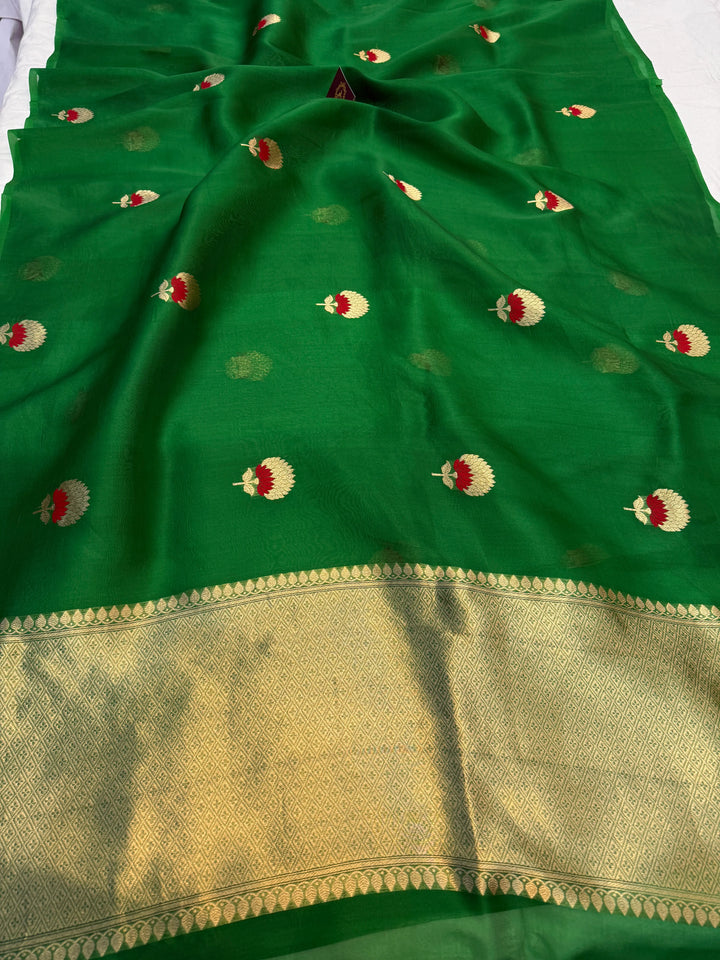 Bottle Green Pure Kora Silk Handloom Banarasi Saree