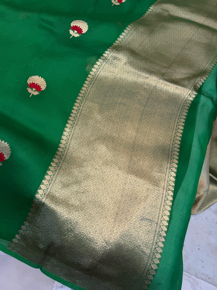 Bottle Green Pure Kora Silk Handloom Banarasi Saree