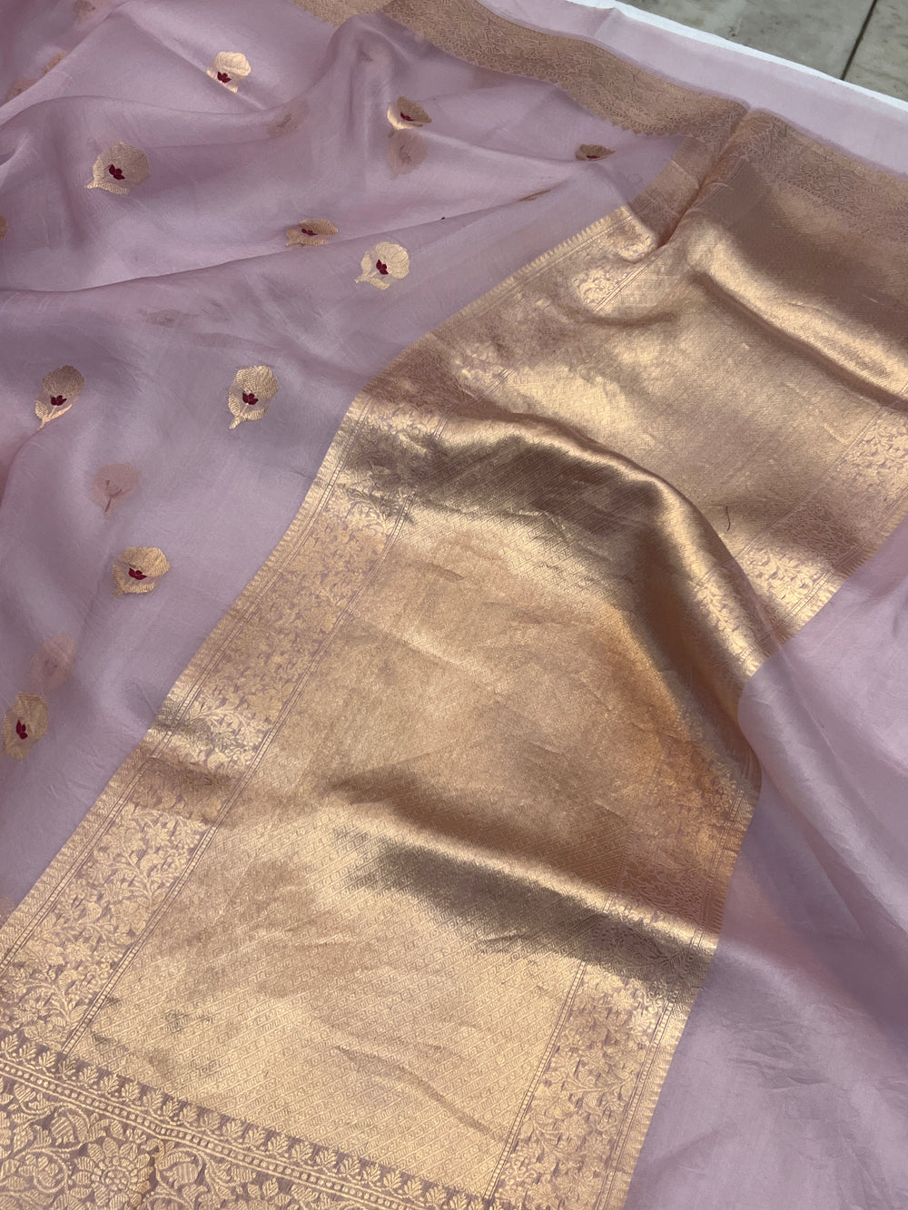 Pastel Dusky Leavender Pure Kora Silk Handloom Banarasi Saree