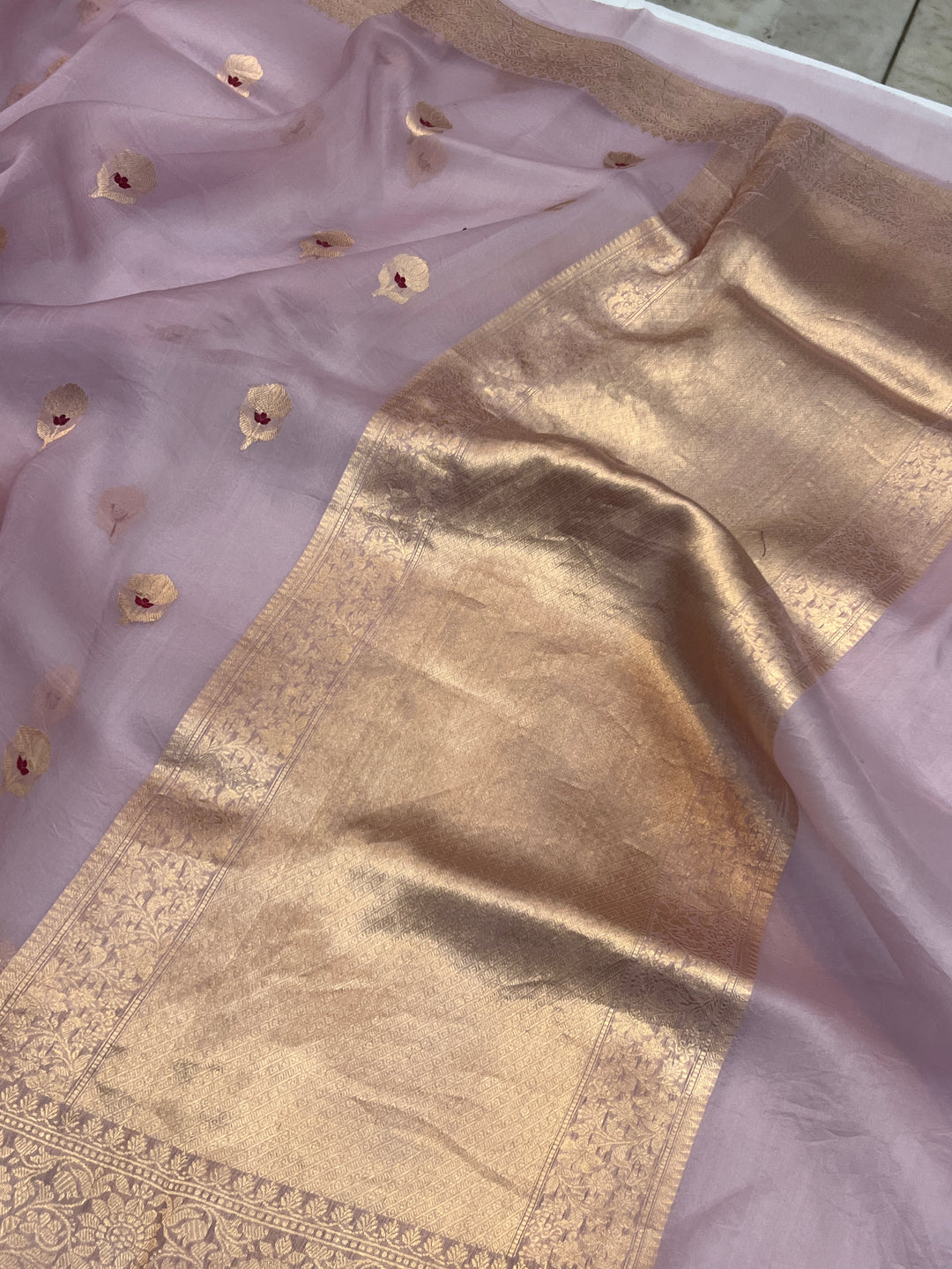 Pastel Dusky Leavender Pure Kora Silk Handloom Banarasi Saree