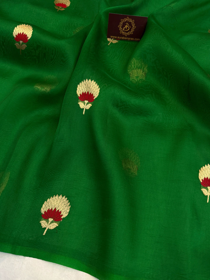 Bottle Green Pure Kora Silk Handloom Banarasi Saree