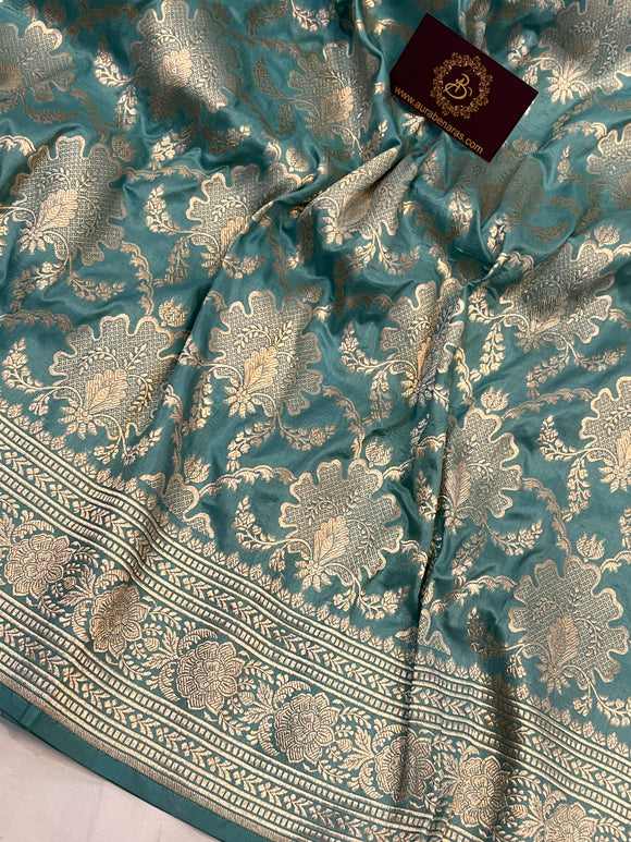 Sage Blue Banarasi Handloom Katan Silk Saree - Aura Benaras