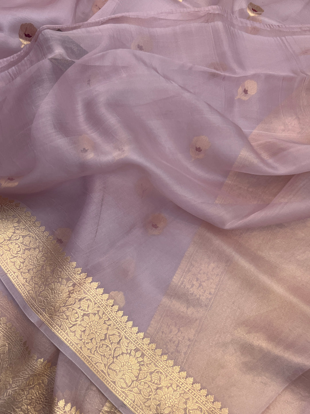 Pastel Dusky Leavender Pure Kora Silk Handloom Banarasi Saree