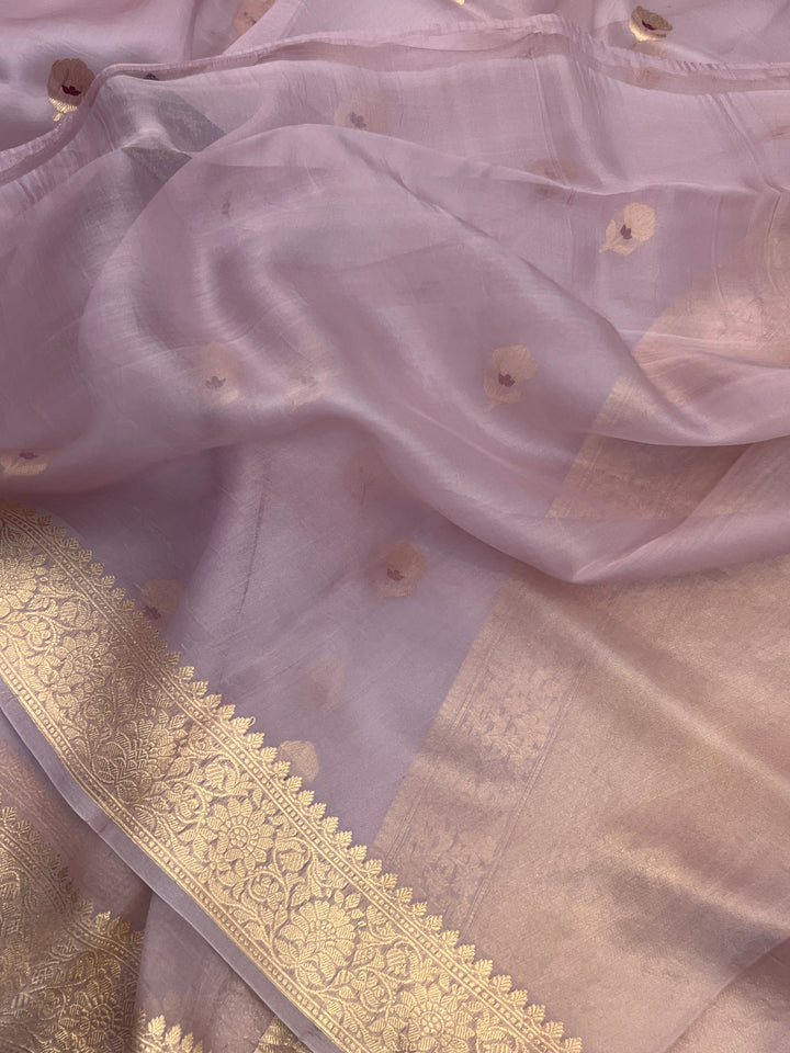 Pastel Dusky Leavender Pure Kora Silk Handloom Banarasi Saree