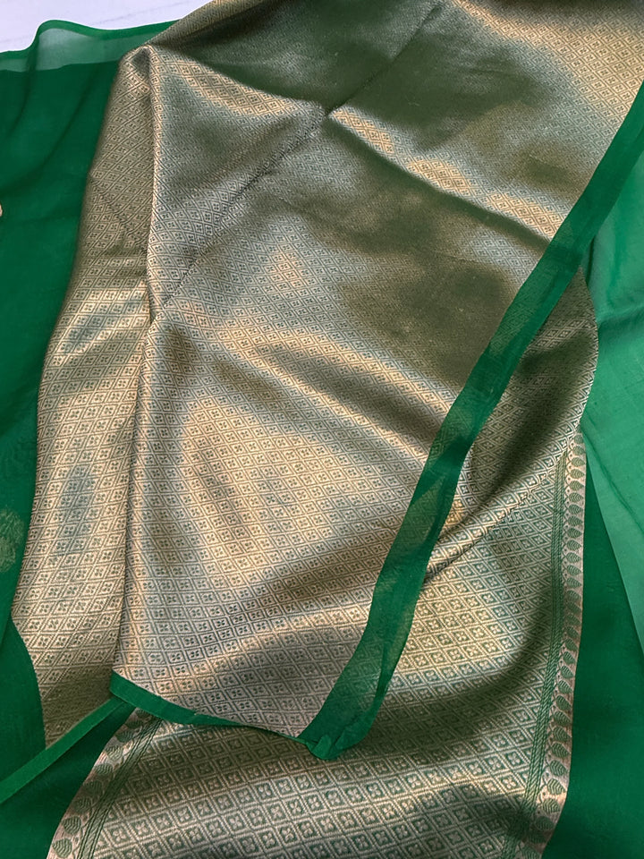 Bottle Green Pure Kora Silk Handloom Banarasi Saree