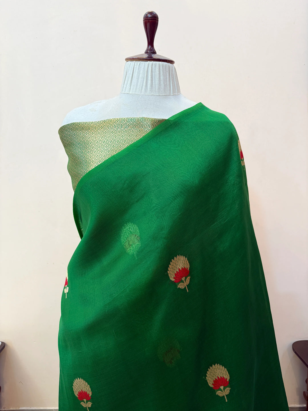 Bottle Green Pure Kora Silk Handloom Banarasi Saree