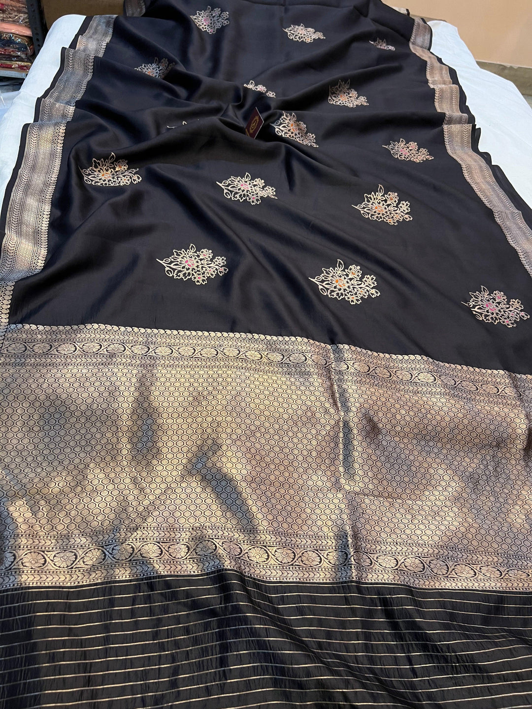 Pure silk handloom Banarasi saree with Kadhwa Meenakari butas and golden zari border
