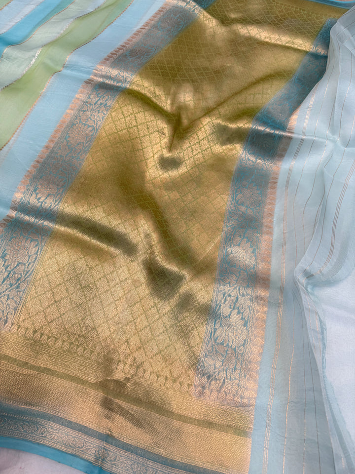 Sky Blue Pure Kora Silk Handloom Banarasi Saree