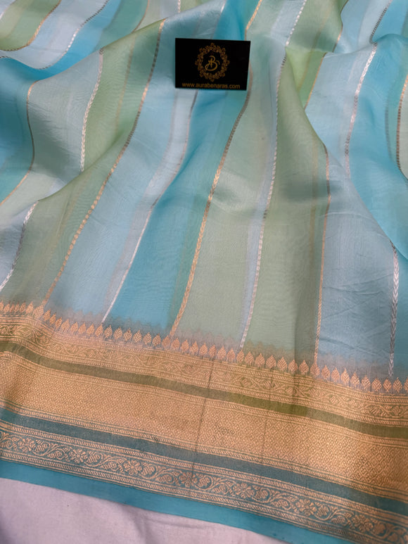 Sky Blue Pure Kora Silk Handloom Banarasi Saree