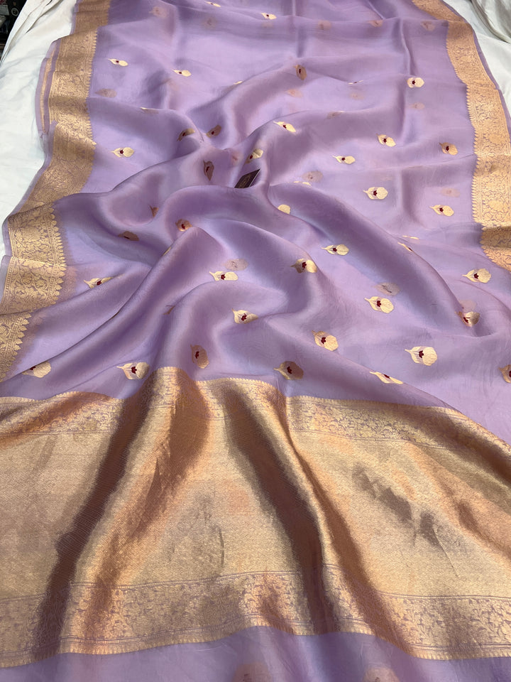 Lilac Pure Kora Silk Handloom Banarasi Saree