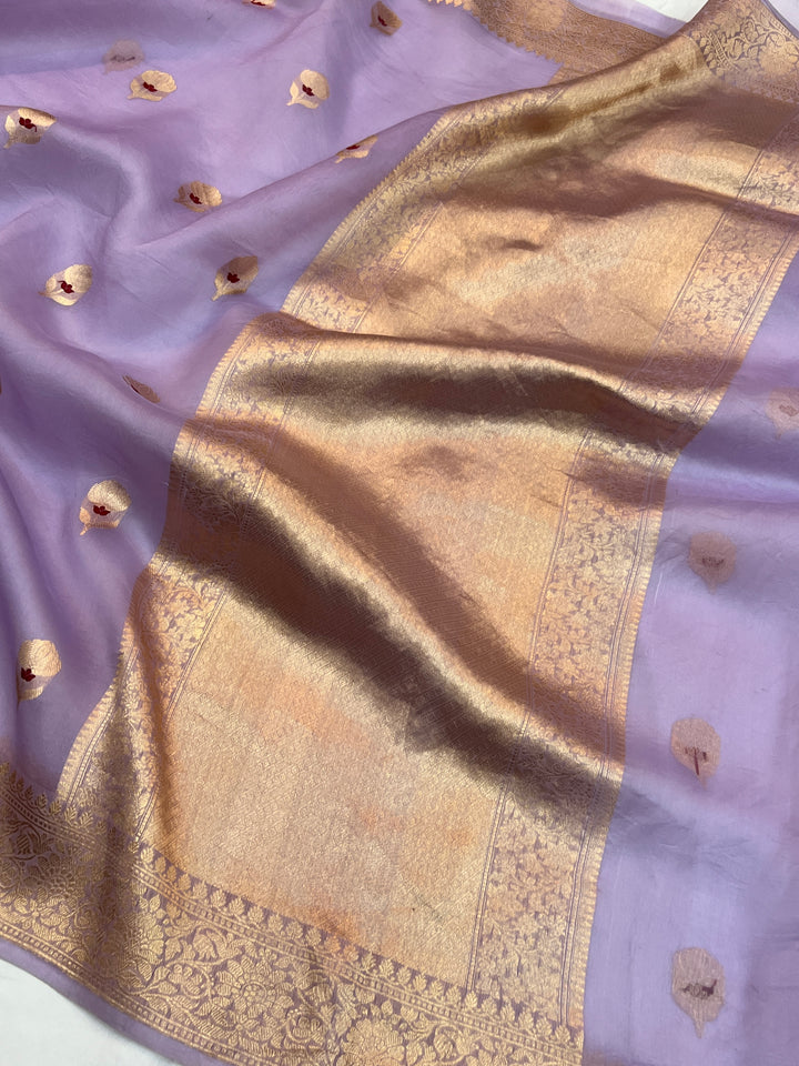 Lilac Pure Kora Silk Handloom Banarasi Saree