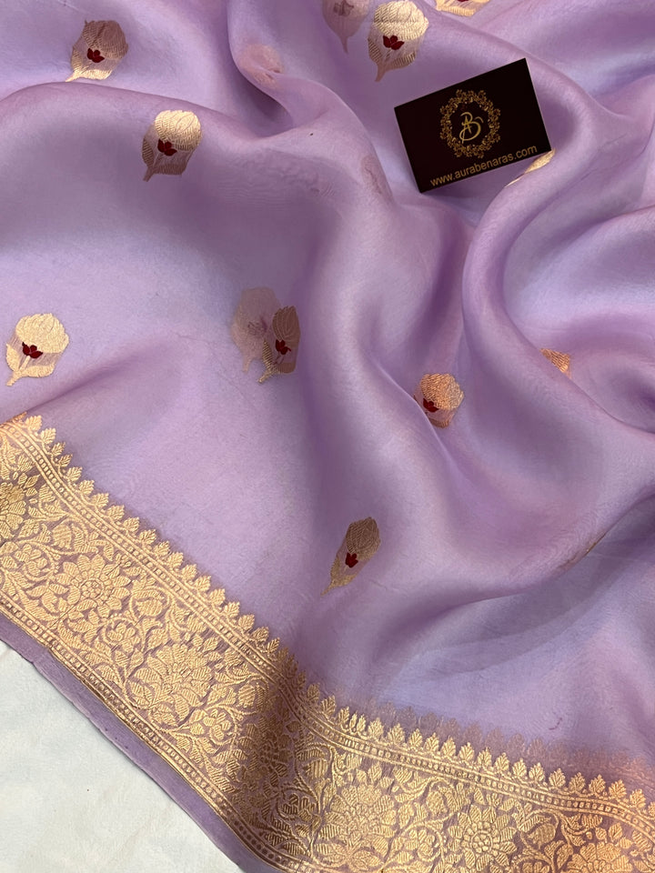 Lilac Pure Kora Silk Handloom Banarasi Saree