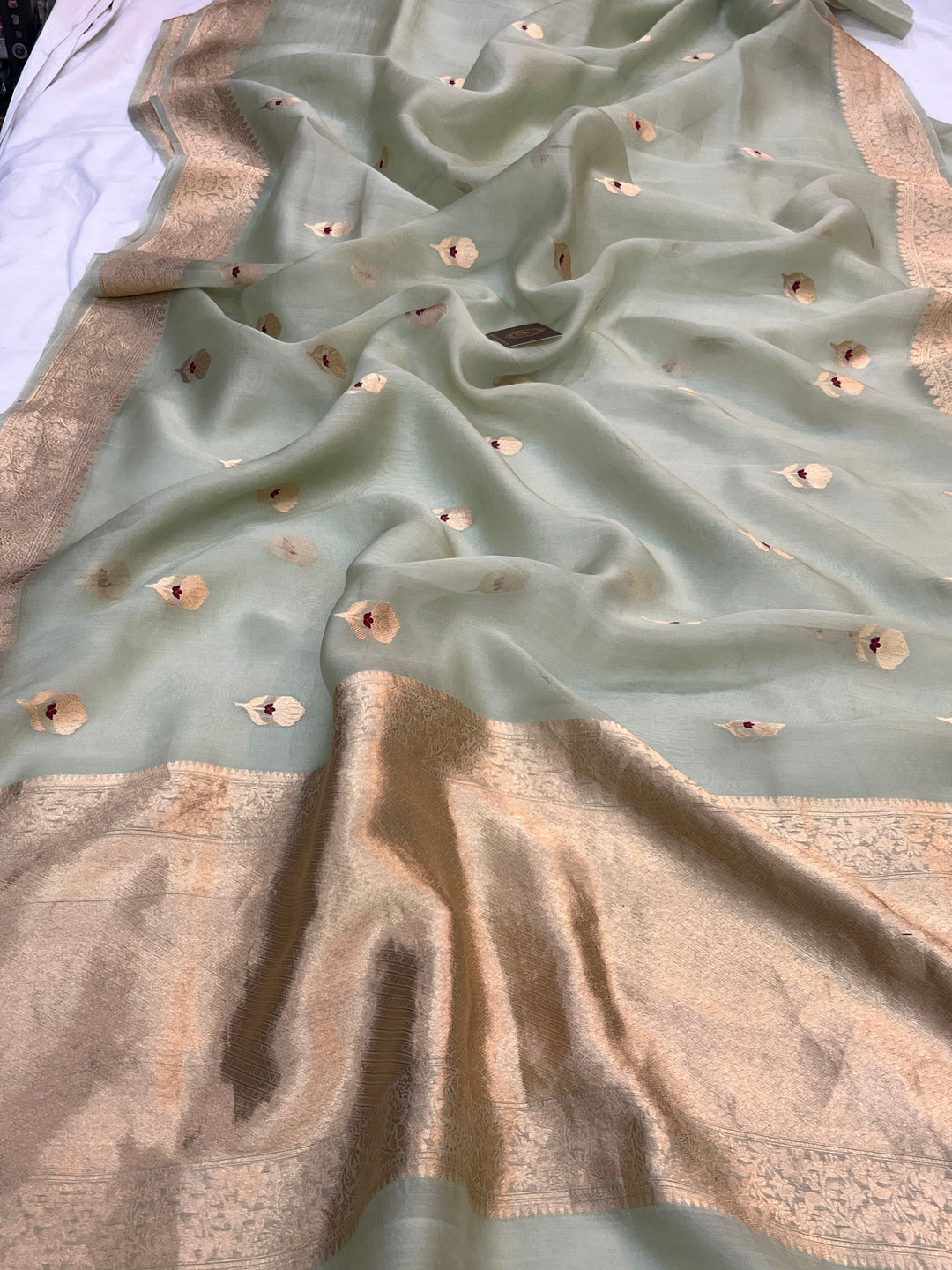 Pastel mint Green Pure Kora Silk Handloom Banarasi Saree