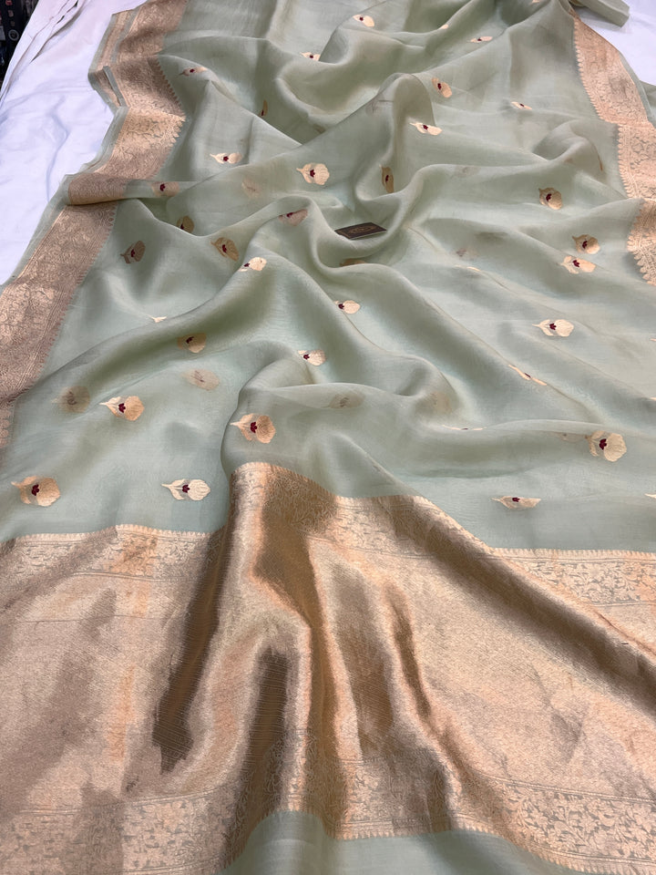 Pastel mint Green Pure Kora Silk Handloom Banarasi Saree