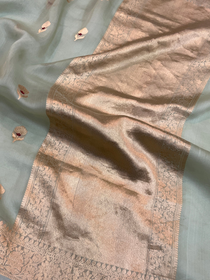 Pastel mint Green Pure Kora Silk Handloom Banarasi Saree
