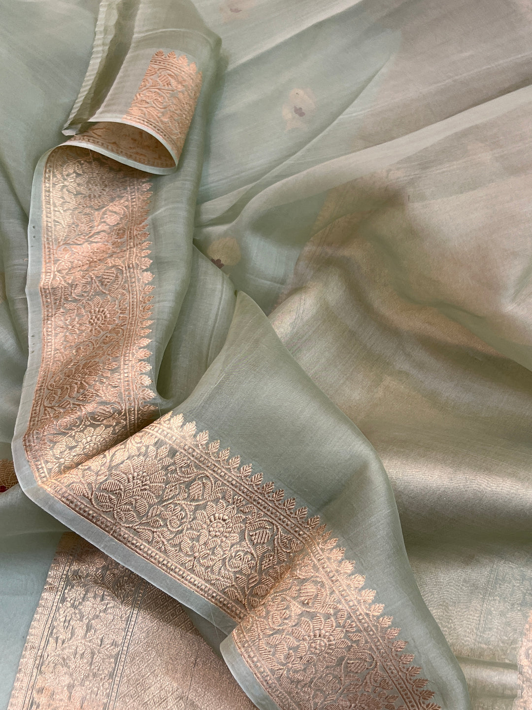 Pastel mint Green Pure Kora Silk Handloom Banarasi Saree