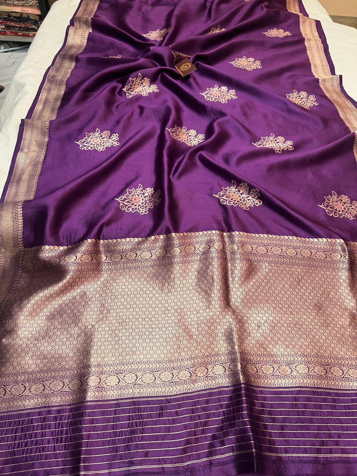 Deep Purple Pure Silk Handloom Banarasi Saree with Kadhwa meenakari motifs