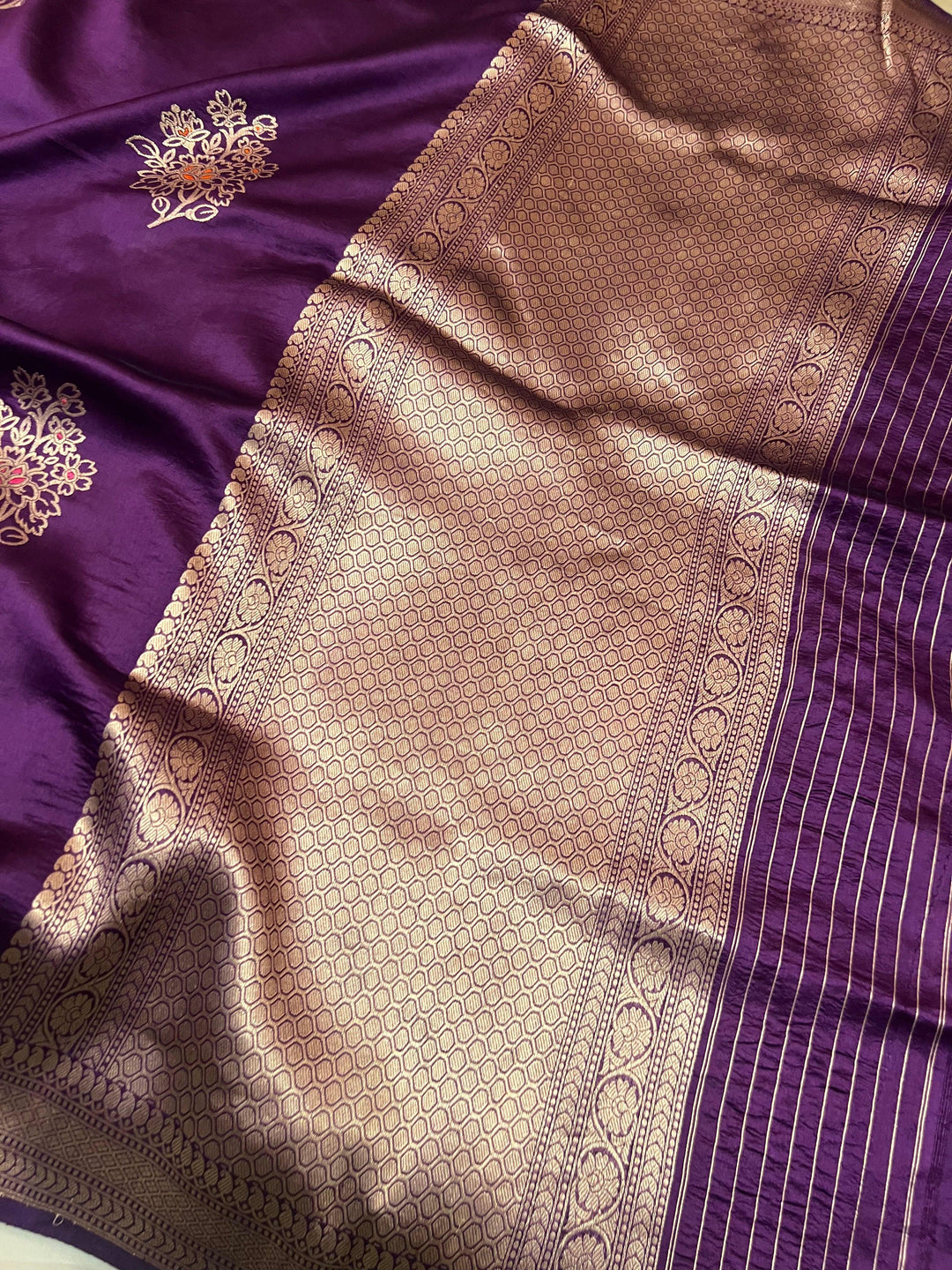 Deep Purple Pure Silk Handloom Banarasi Saree with Kadhwa meenakari motifs