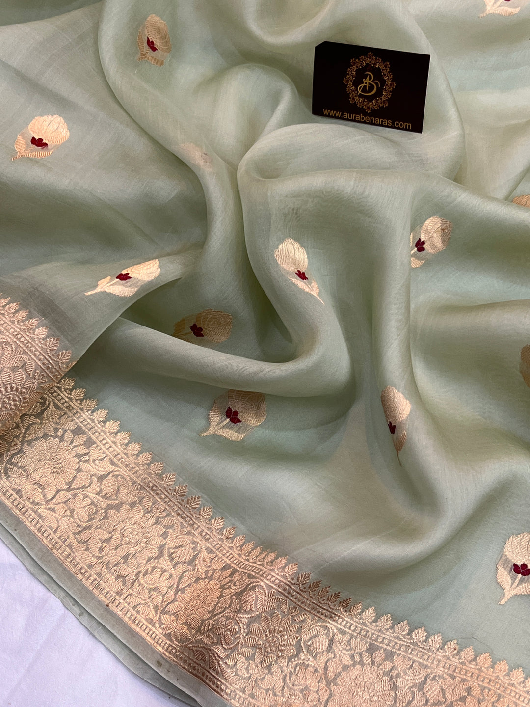 Pastel mint Green Pure Kora Silk Handloom Banarasi Saree
