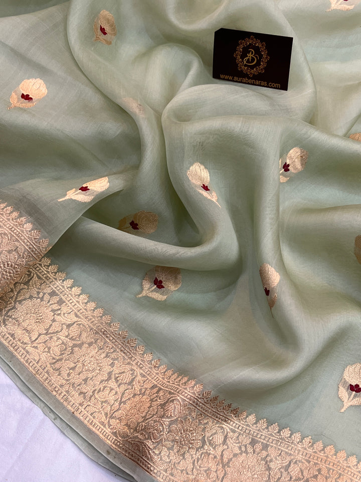 Pastel mint Green Pure Kora Silk Handloom Banarasi Saree