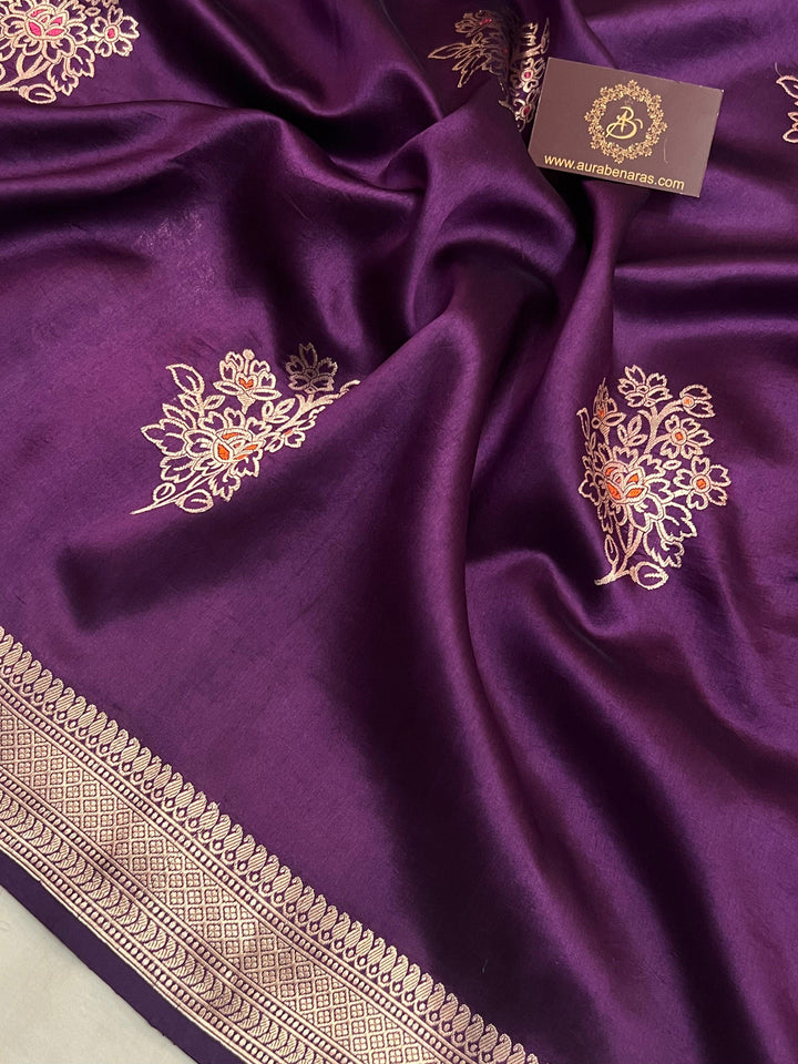 Deep Purple Pure Silk Handloom Banarasi Saree with Kadhwa meenakari motifs