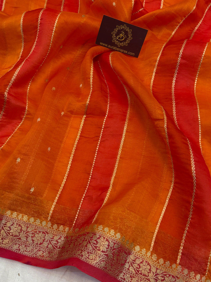 Orange Pure Kora Silk Handloom Banarasi Saree