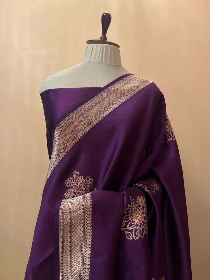 Deep Purple Pure Silk Handloom Banarasi Saree with Kadhwa meenakari motifs