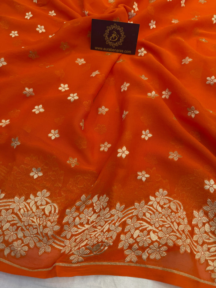 Orange Pure Banarasi Handloom Khaddi Georgette Saree