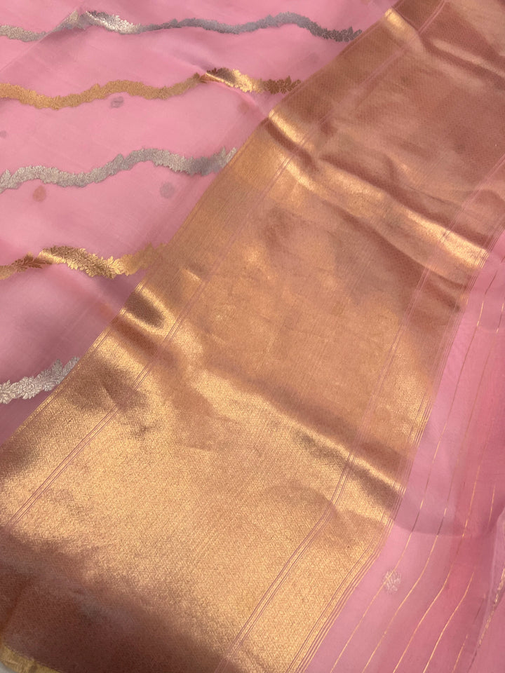 Baby pink Banarasi Kora silk handloom saree with Kadwa jaal design