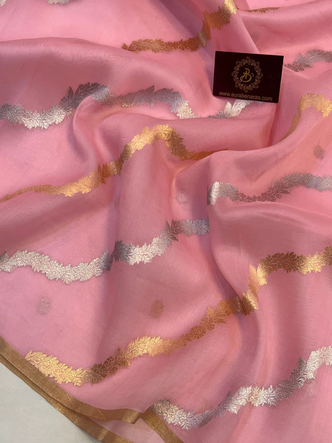 Baby pink Banarasi Kora silk handloom saree with Kadwa jaal design