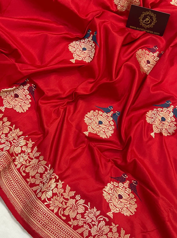 Red Banarasi Handloom Katan Silk Saree - Aura Benaras