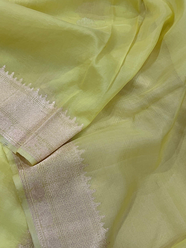 Pastel Yellow Pure Banarasi Handloom Silk Saree - Aura Benaras
