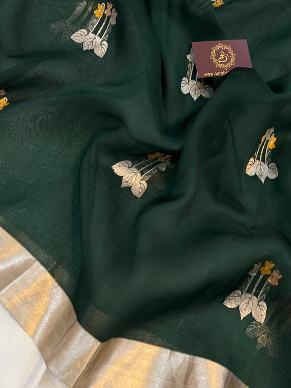 Bottle Green Pure Banarasi Handloom Silk Saree - Aura Benaras