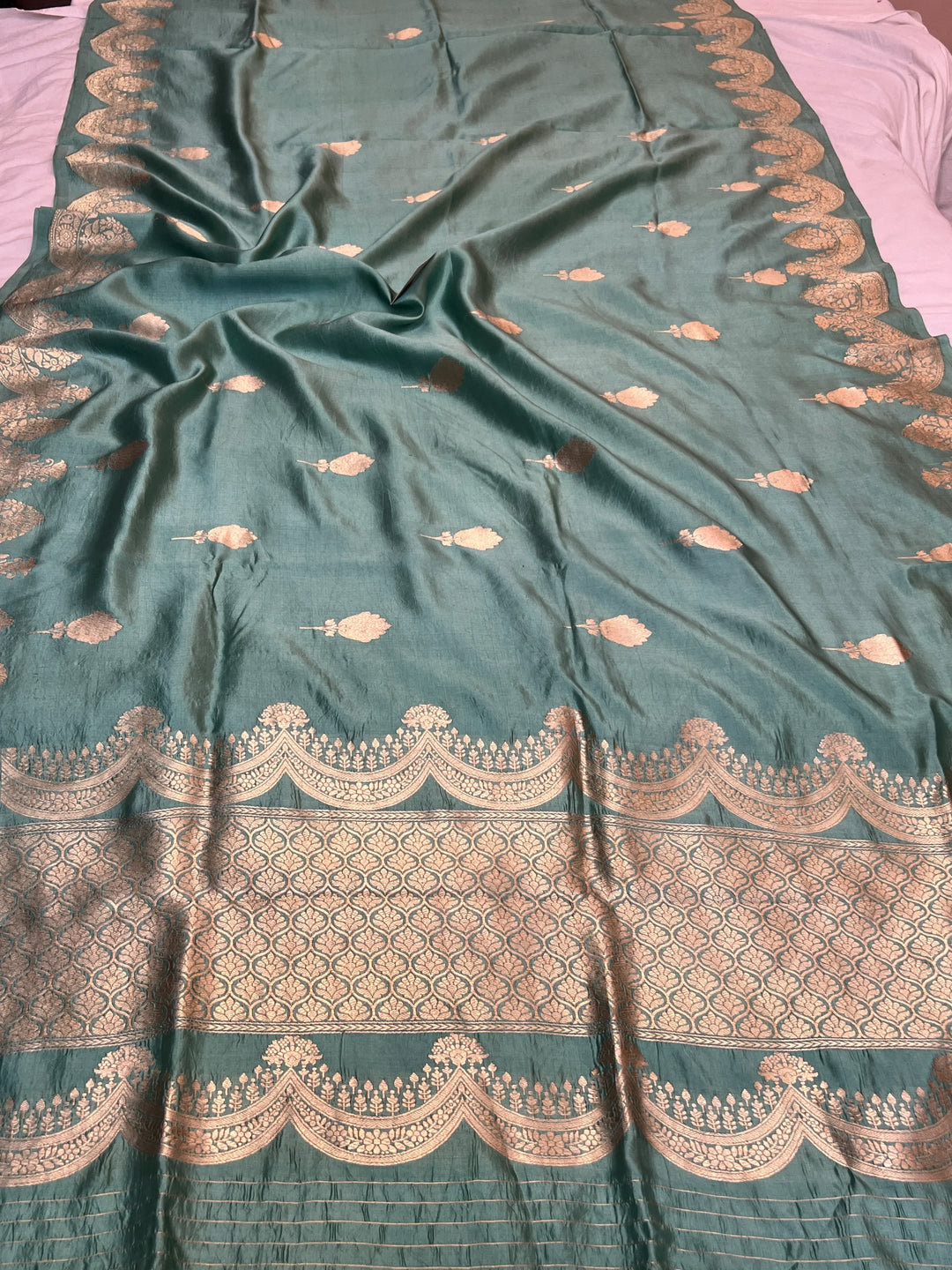 Sage Blue Pure Silk Handloom Banarasi Saree with Scallop Border
