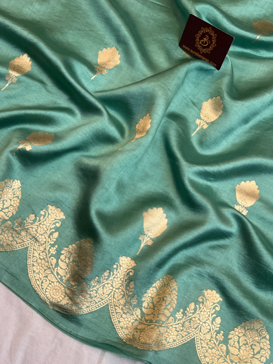 Sage Blue Pure Silk Handloom Banarasi Saree with Scallop Border
