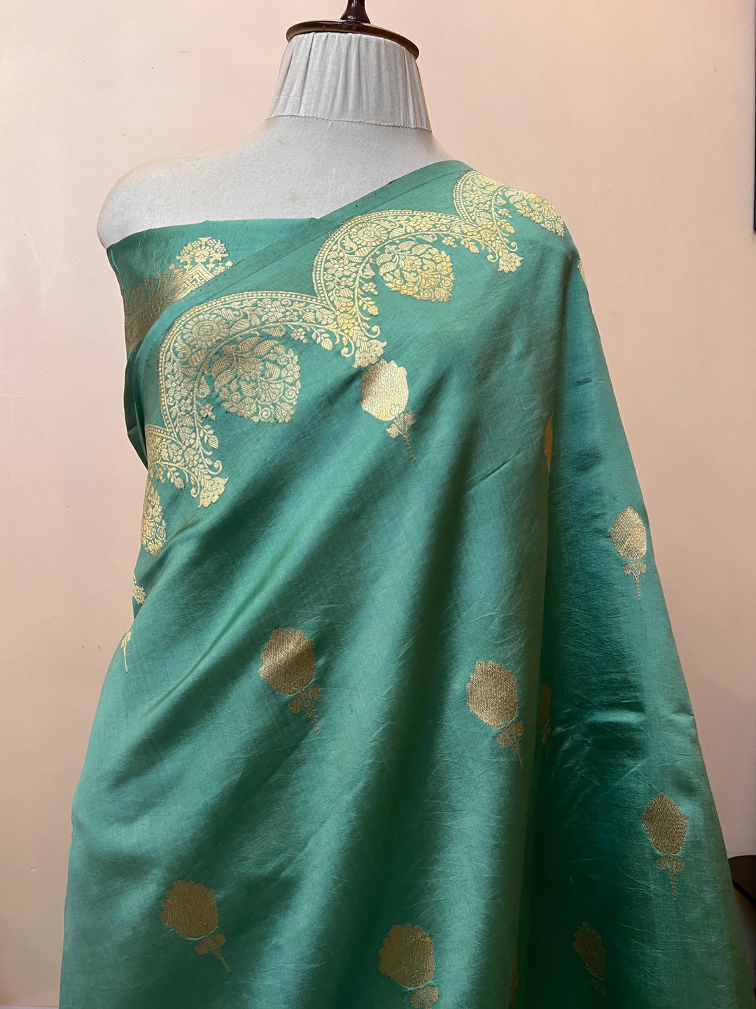 Sage Blue Pure Silk Handloom Banarasi Saree with Scallop Border