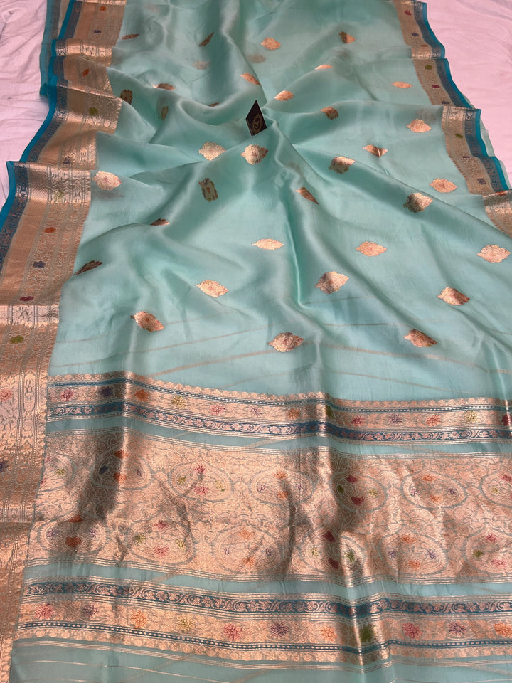 Sky Blue Pure Kora Silk Handloom Banarasi Saree