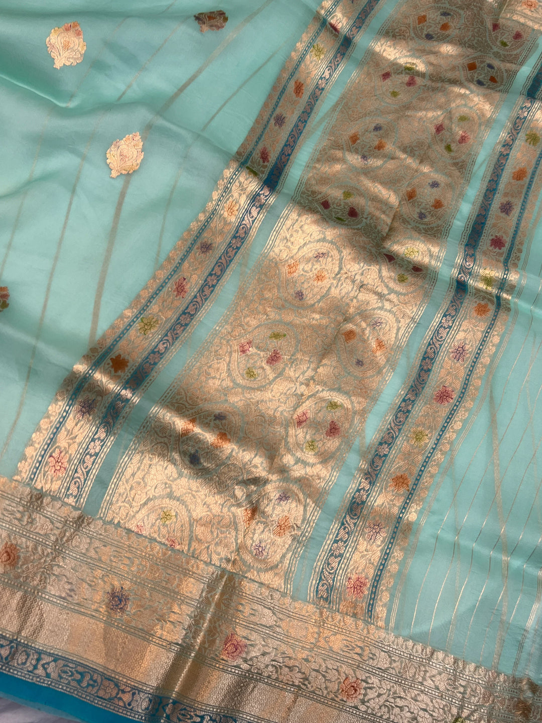 Sky Blue Pure Kora Silk Handloom Banarasi Saree