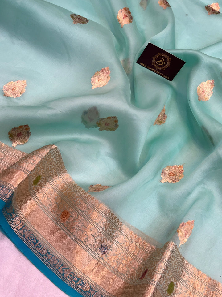 Sky Blue Pure Kora Silk Saree with Handbrush Work Border