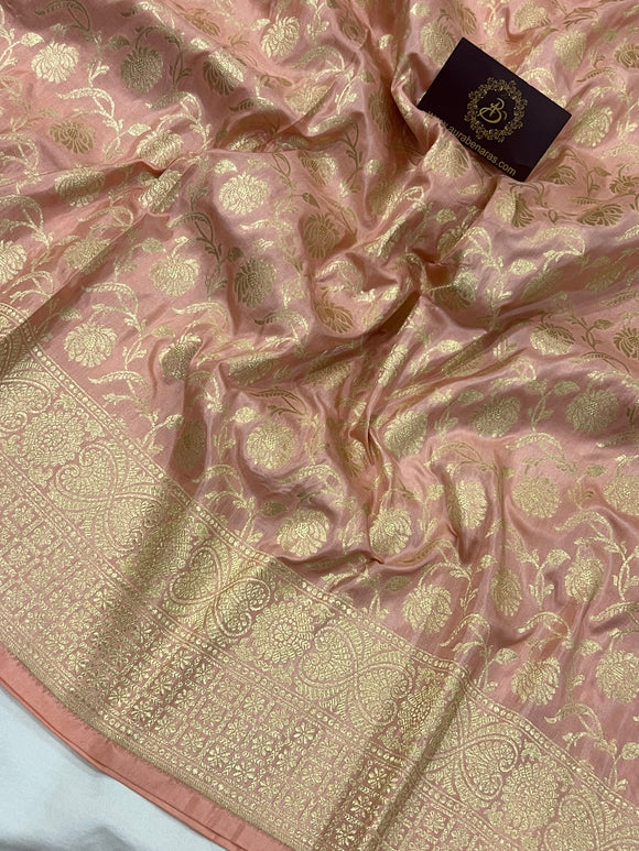 Peach Banarasi Handloom Katan Silk Saree - Aura Benaras