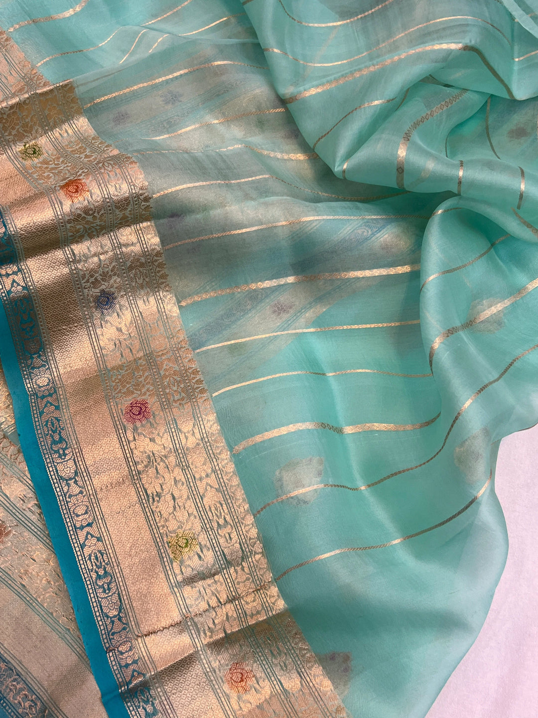 Sky Blue Pure Kora Silk Handloom Banarasi Saree