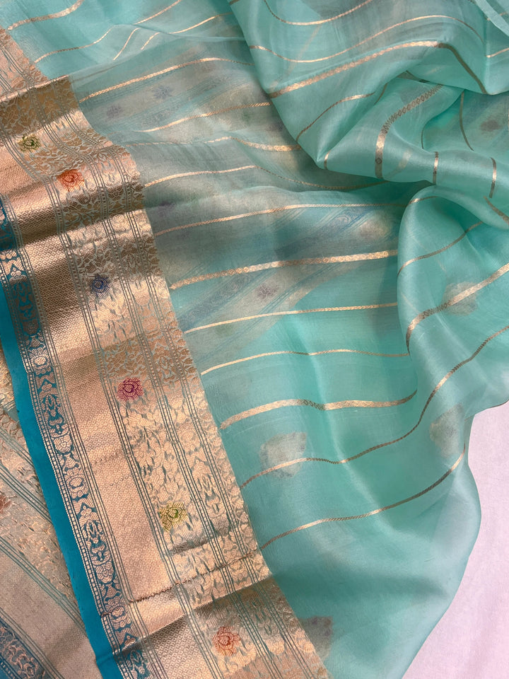 Sky Blue Pure Kora Silk Handloom Banarasi Saree