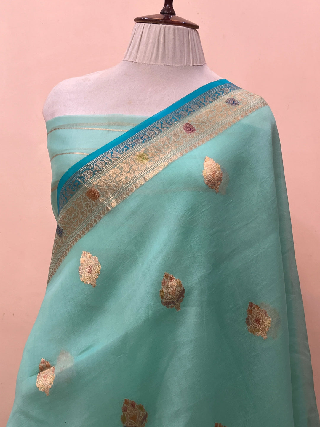 Sky Blue Pure Kora Silk Handloom Banarasi Saree
