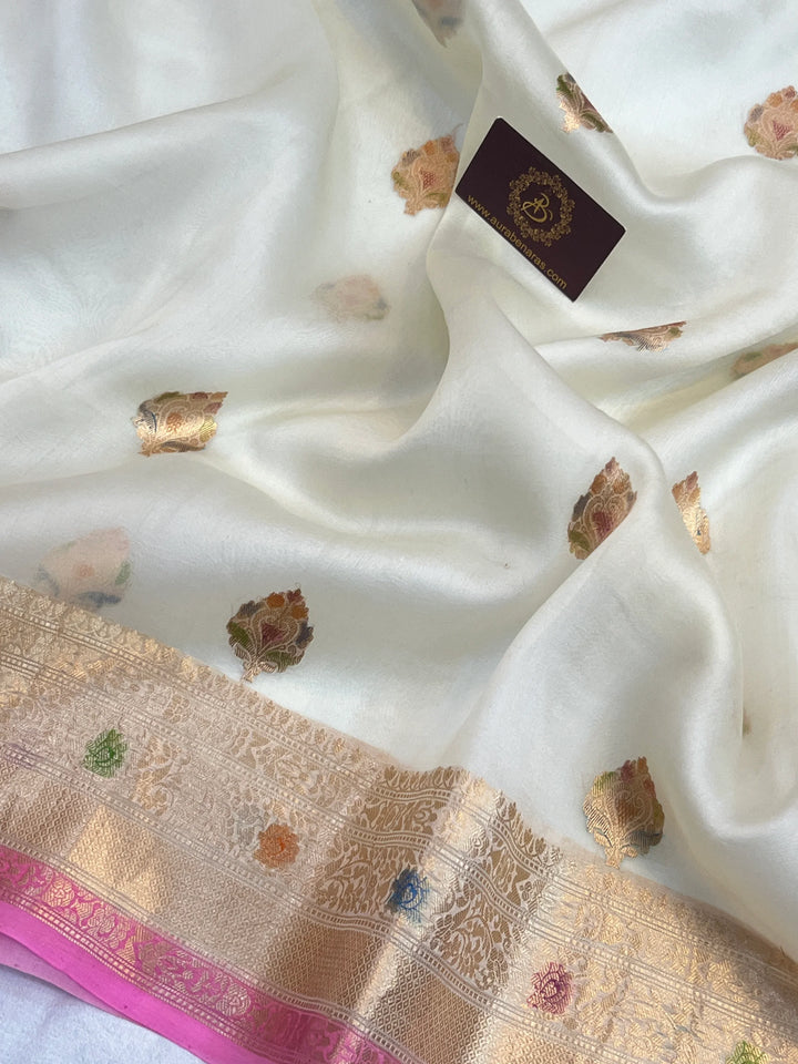 White Pure Kora Silk Handloom Banarasi Saree