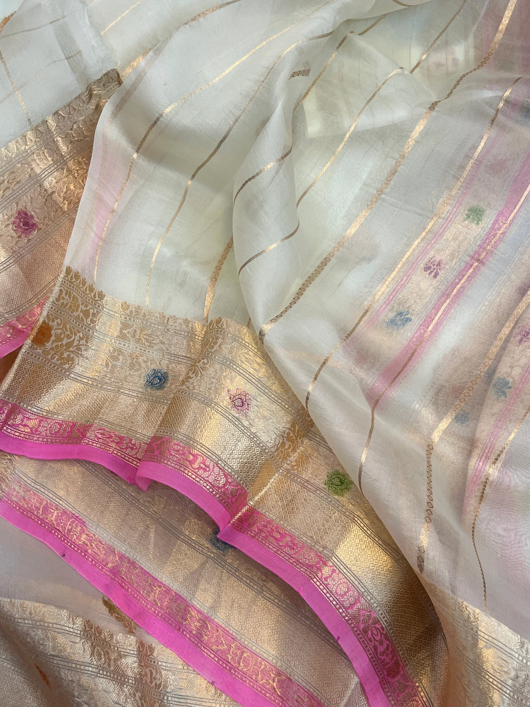 White Pure Kora Silk Handloom Banarasi Saree